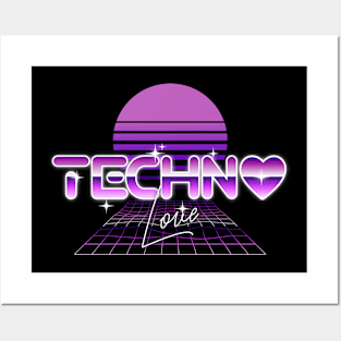 TECHNO  - Synthwave Heart Grid (Purple) Posters and Art